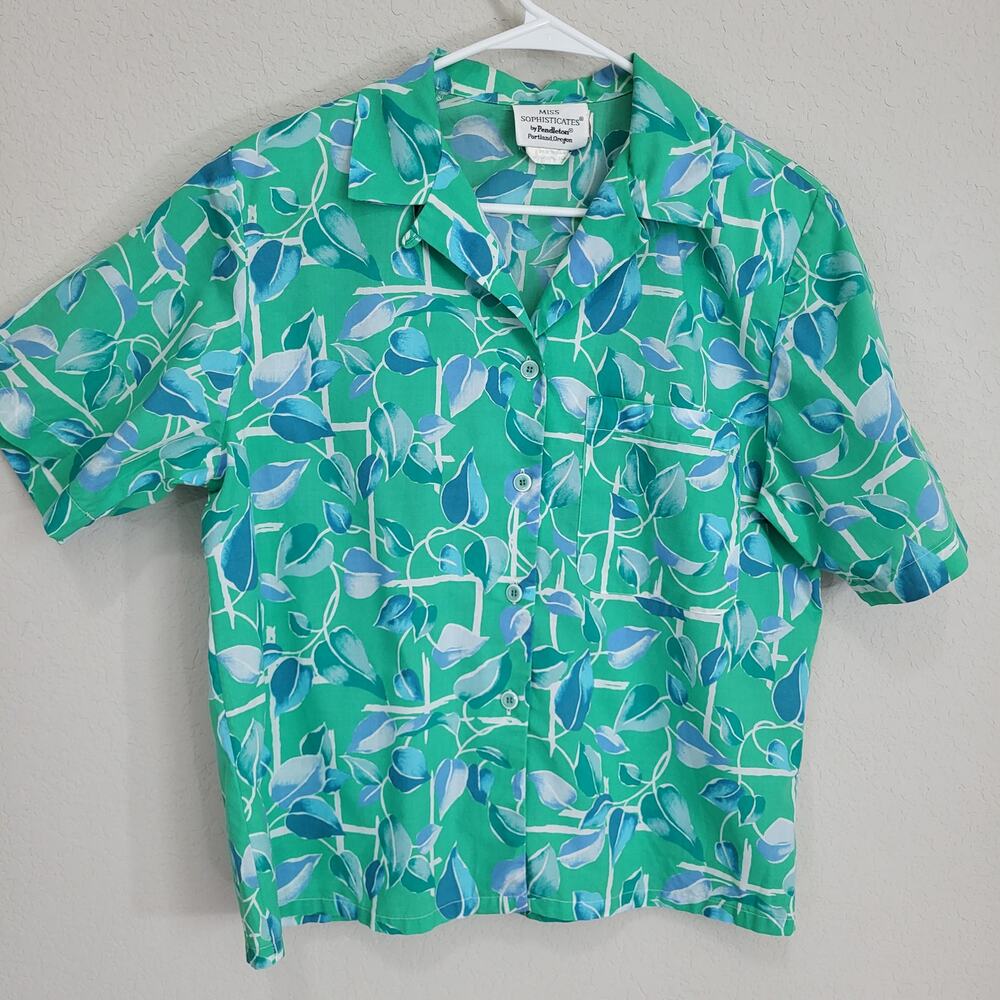 Vintage 80s Pendleton Short Sleeve Shirt Womens Large  Green Button Up Blouse
